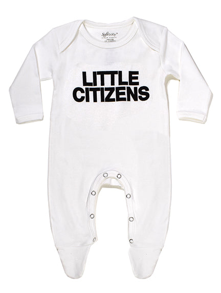 Little Citizens Footed Onesie made from 100% organic cotton, featuring long sleeves and leg snap closures.