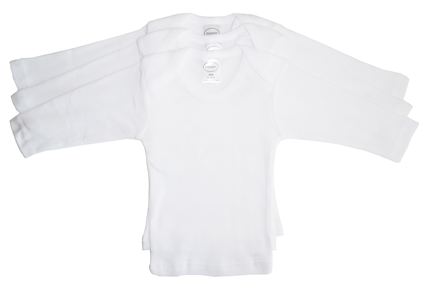 A Long Sleeve White Lap T-shirt made of 100% cotton, featuring a snap button shoulder neckline for easy dressing, perfect for babies and toddlers.