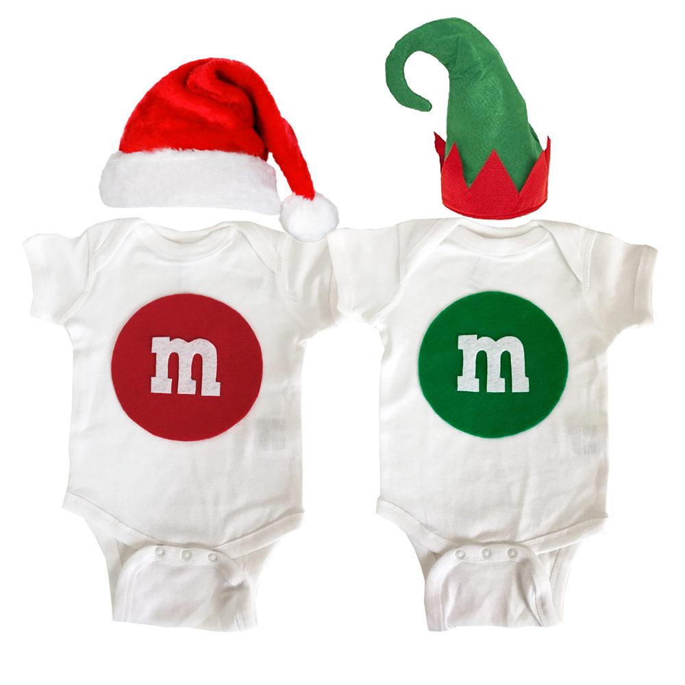 M&M's Baby Bodysuit Combo in red and green, featuring unique felt appliqué designs, perfect for Christmas celebrations.