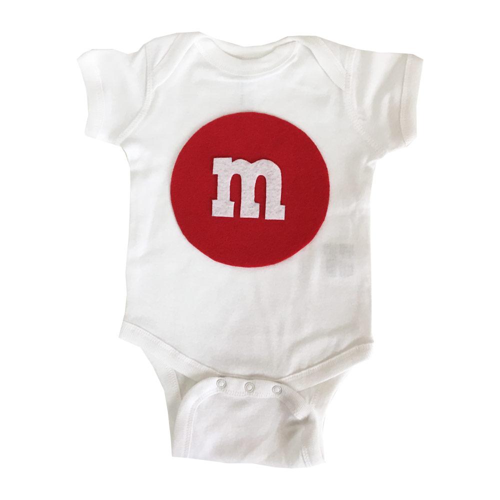 Red M&M's baby bodysuit featuring a festive design, handmade with recycled felt appliqué.