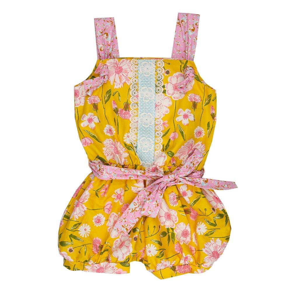 Merry Meadow Little Big Girls Romper featuring a vibrant floral design, perfect for summer wear.