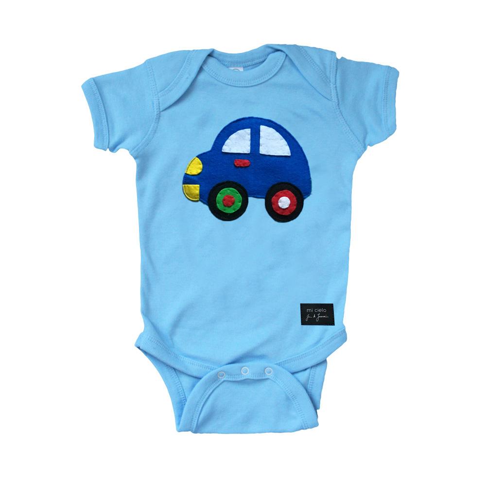 Handmade baby light blue onesie featuring a unique felt car design, crafted with love and care.