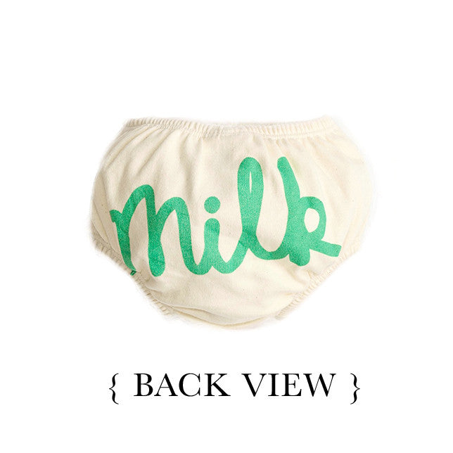 Milk Bloomer made from 100% organic cotton, featuring an elastic waist and water-based ink print design, perfect for sensitive skin.