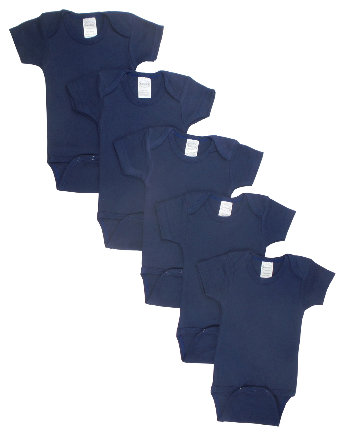 Pack of 5 navy bodysuit onezies made from 100% cotton, featuring short sleeves and snap closures for easy dressing.