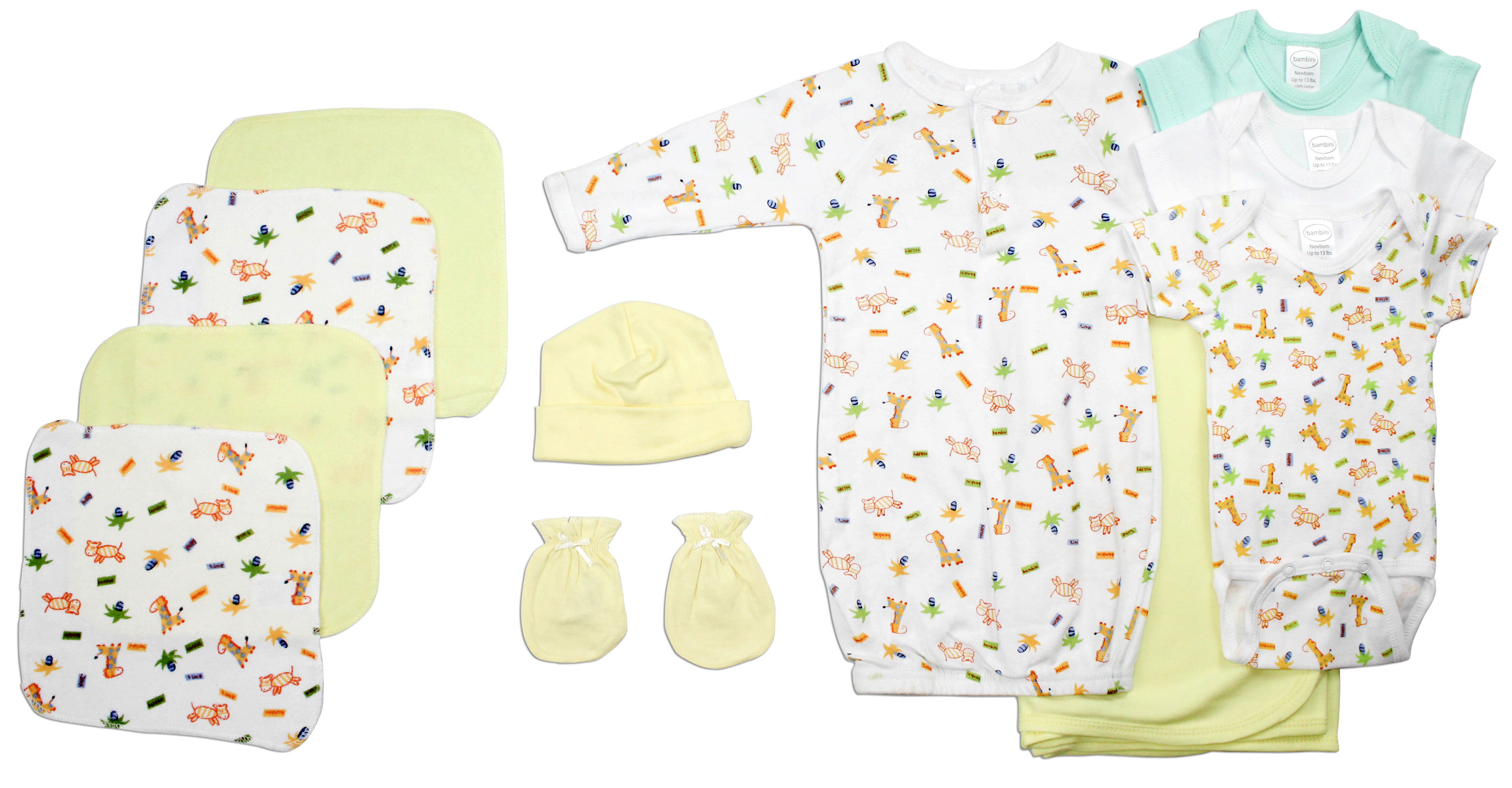 Neutral Newborn Baby 11 Pc Layette Set featuring soft cotton fabric and expandable neckline for easy dressing.