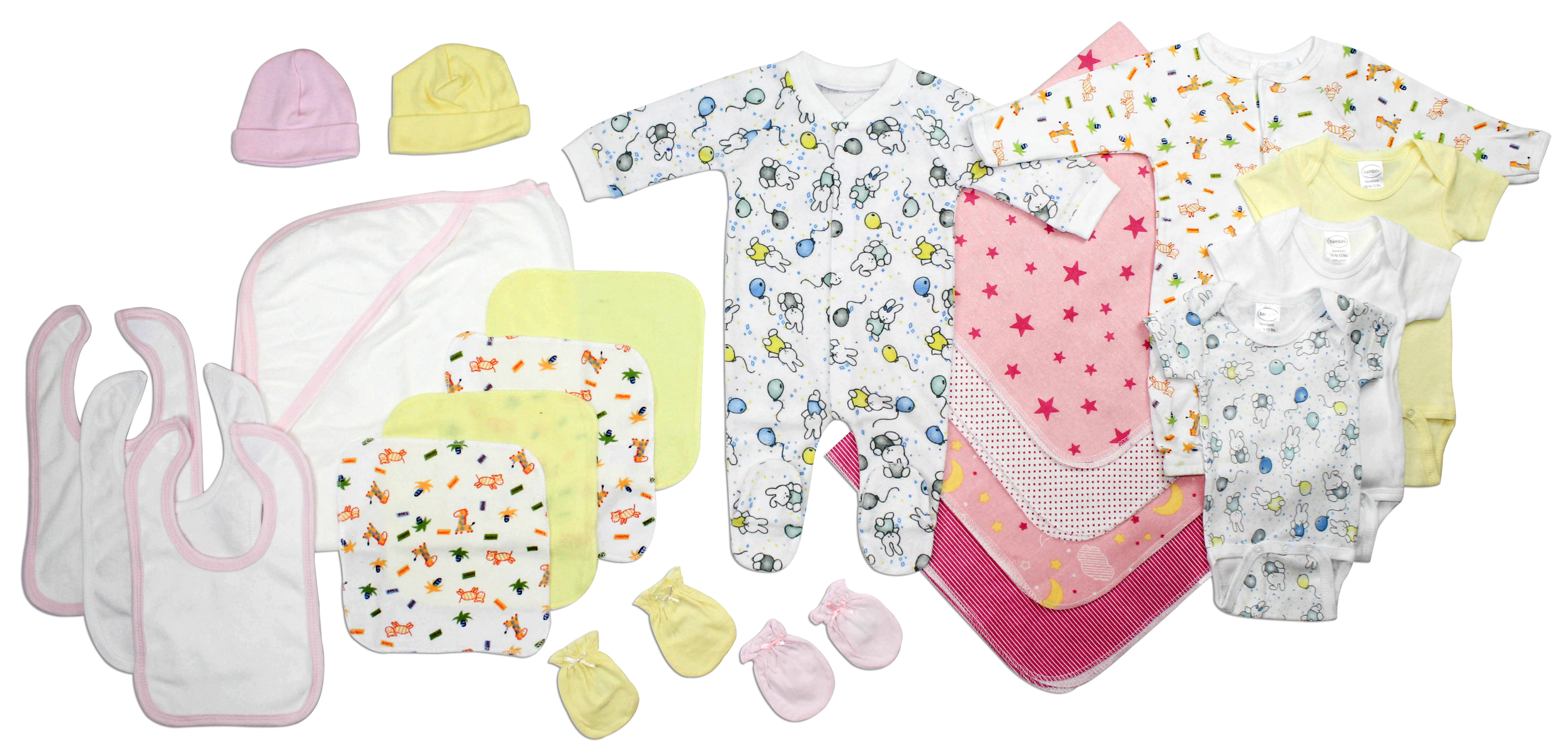 A 21-piece layette set for newborn baby girls, featuring soft cotton onesies and essential clothing items in various colors and patterns.