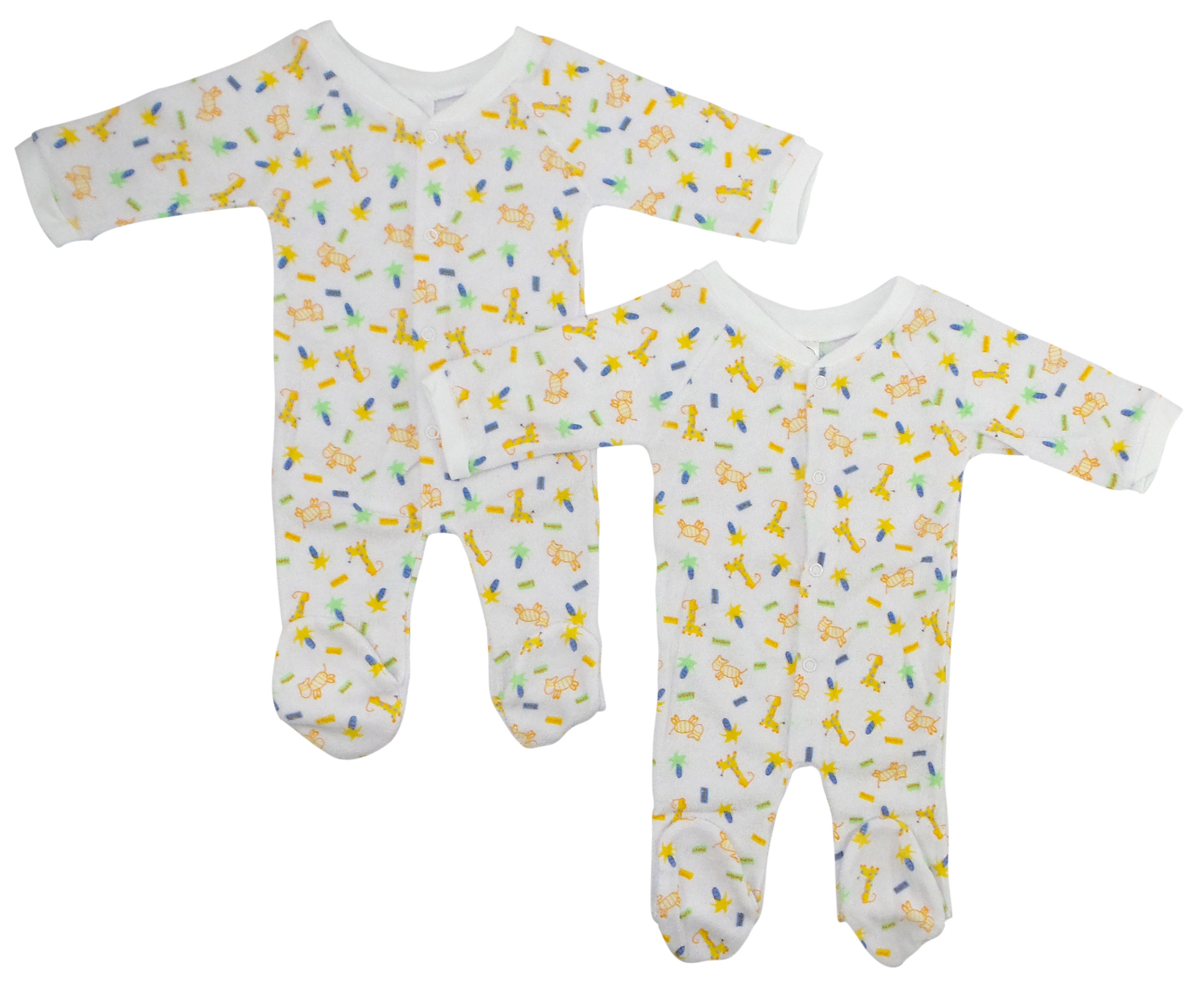 Two pairs of soft terry long johns for babies in assorted prints, featuring a closed-toe design for warmth and comfort.