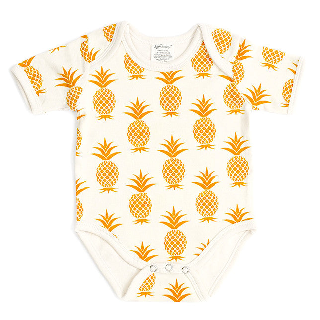 Pineapple Short Sleeves Onesie made from 100% organic cotton, featuring a vibrant print and nickel-free fasteners.