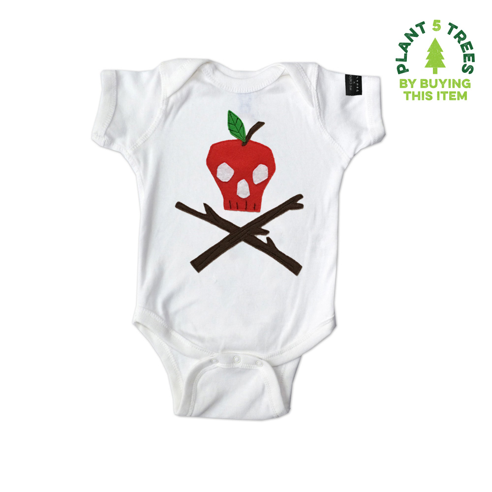 Poison Apple Baby Bodysuit featuring unique felt appliqué design, handmade with love, perfect for eco-conscious parents.