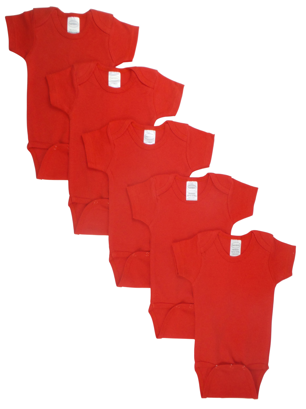 A pack of five red bodysuits for babies, showcasing their soft cotton fabric and expandable shoulder neckline.