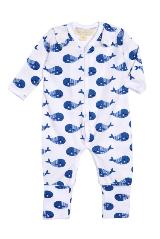 Smart Footed One-Piece in Blue Whale with attachable bib, showcasing organic cotton fabric and convertible features.