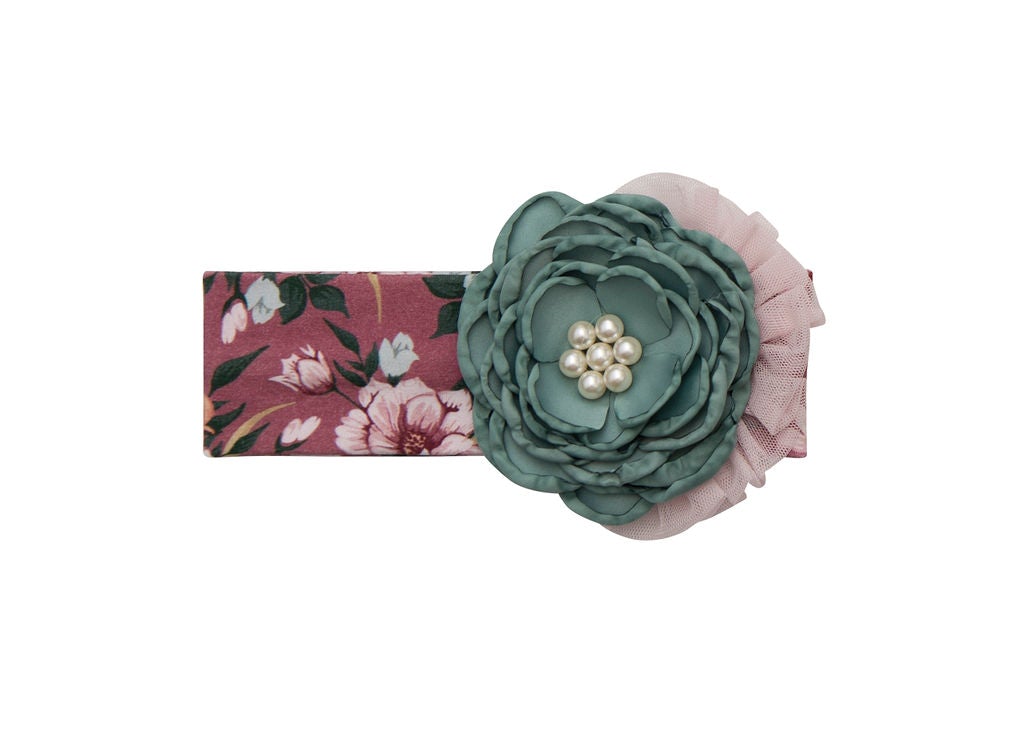 Sugar Plum Headband featuring warm purple and soft pink lace, perfect for stylish looks.