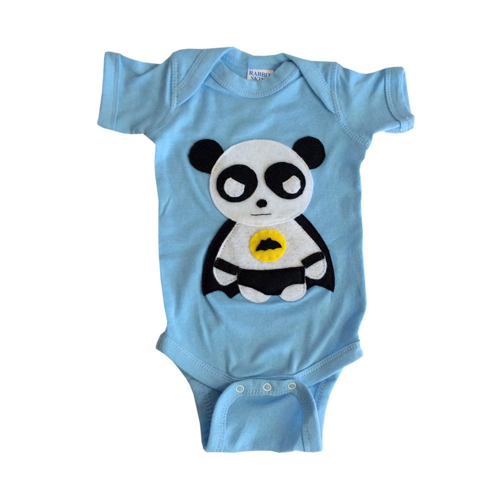 Adorable Flying Panda Super Hero Onesie for infants, featuring handmade felt appliqué and soft fabric, perfect for imaginative play.