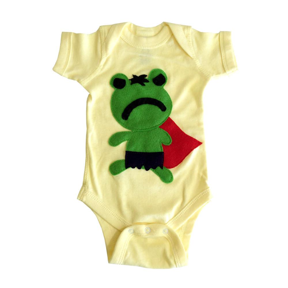 Adorable Super Hero Onesie featuring Hopper Froggy design, handmade with love for infants and toddlers.