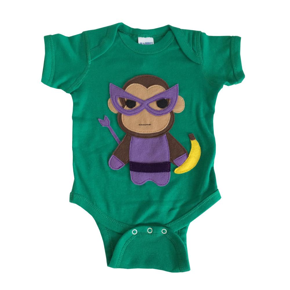 Infant Super Hero Onesie in Monkey Banana Green with felt appliqué design, perfect for playtime and baby showers.