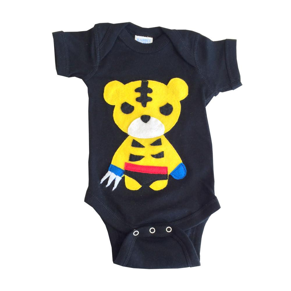 A vibrant Super Hero Onesie featuring a Sharp Tiger design, handmade with love, perfect for infants and toddlers.