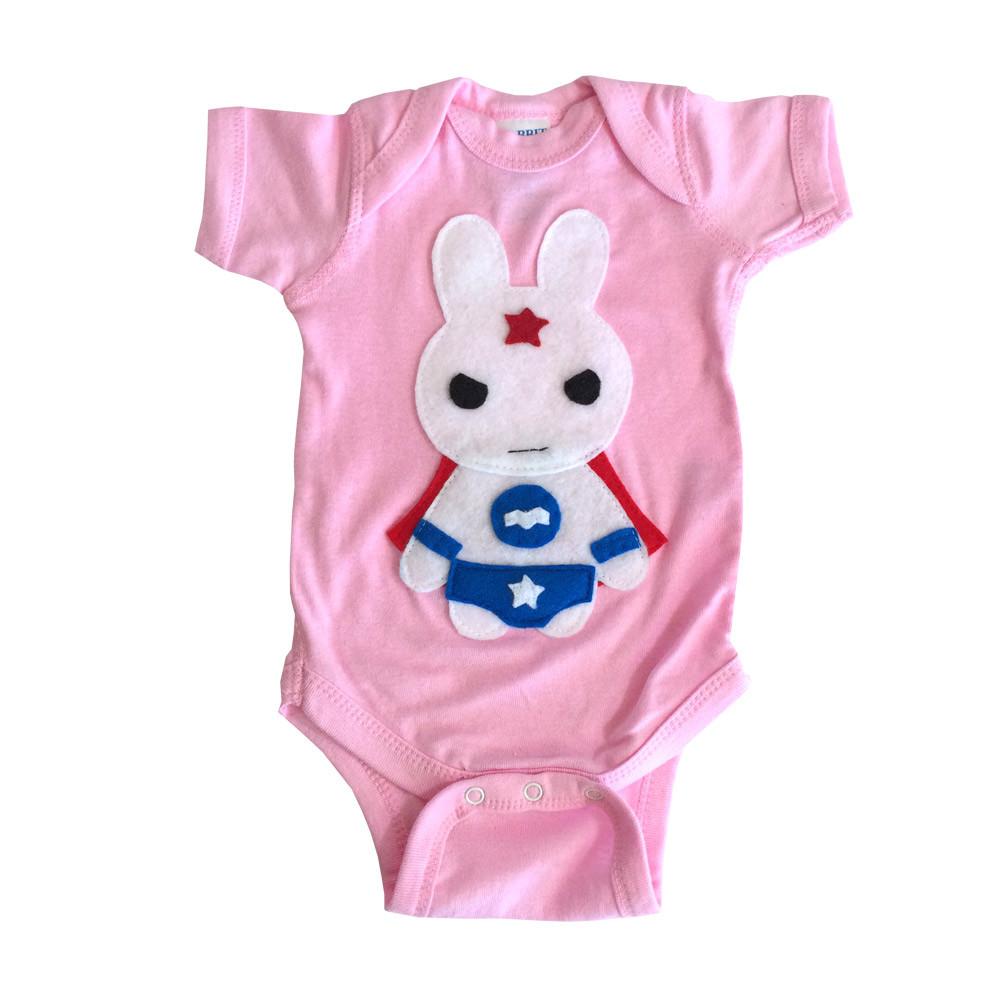 Super Hero Onesie featuring Star Bunny design, handmade infant bodysuit with colorful felt appliqué, perfect for babies.