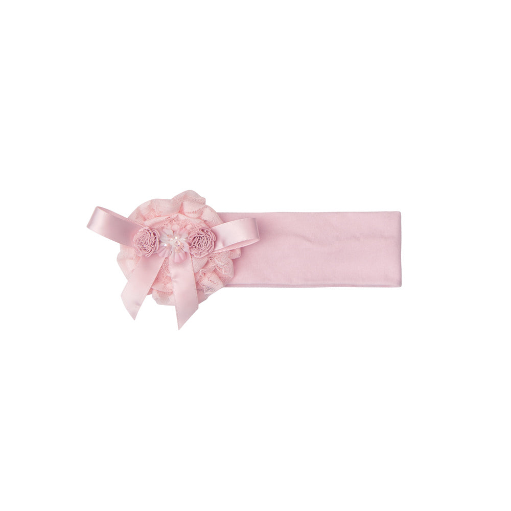 A soft pink headband adorned with delicate rosettes and lace, perfect for baby girls.