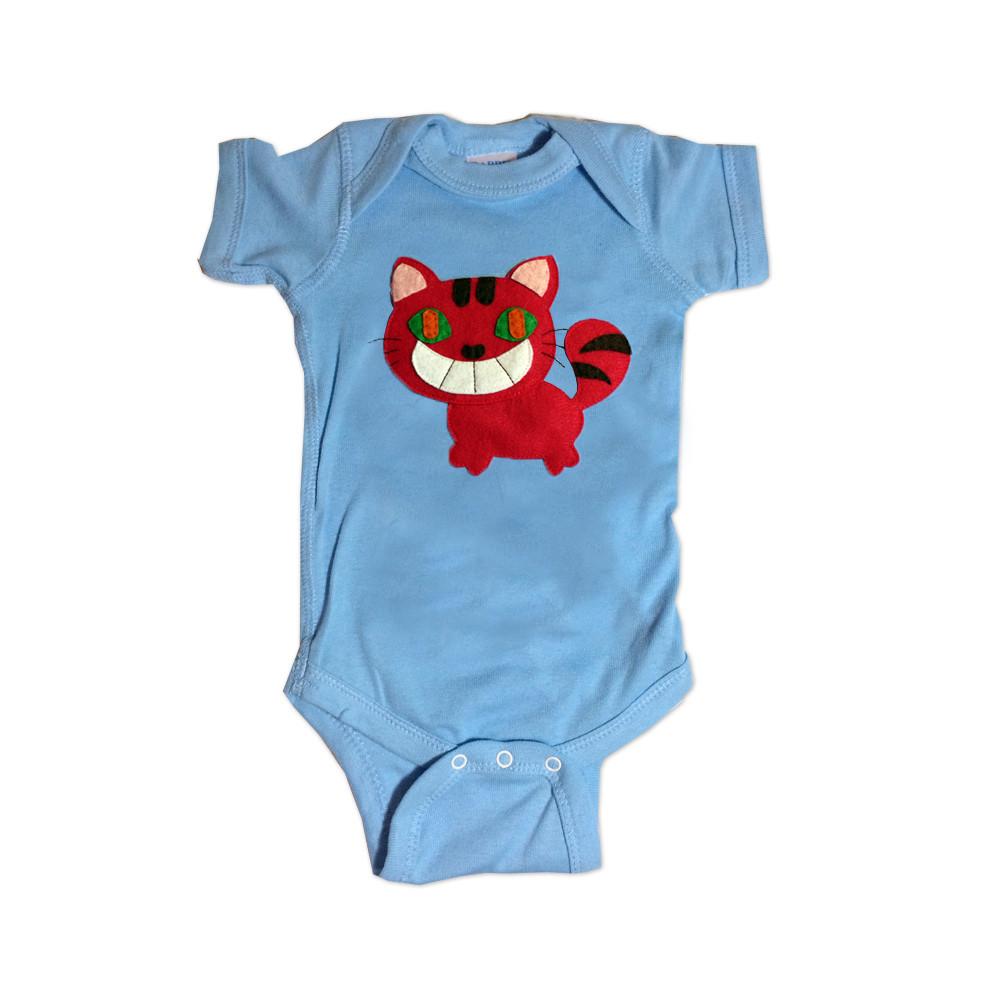 Infant bodysuit featuring the Cheshire Cat design, handmade with felt appliqué, perfect for babies.