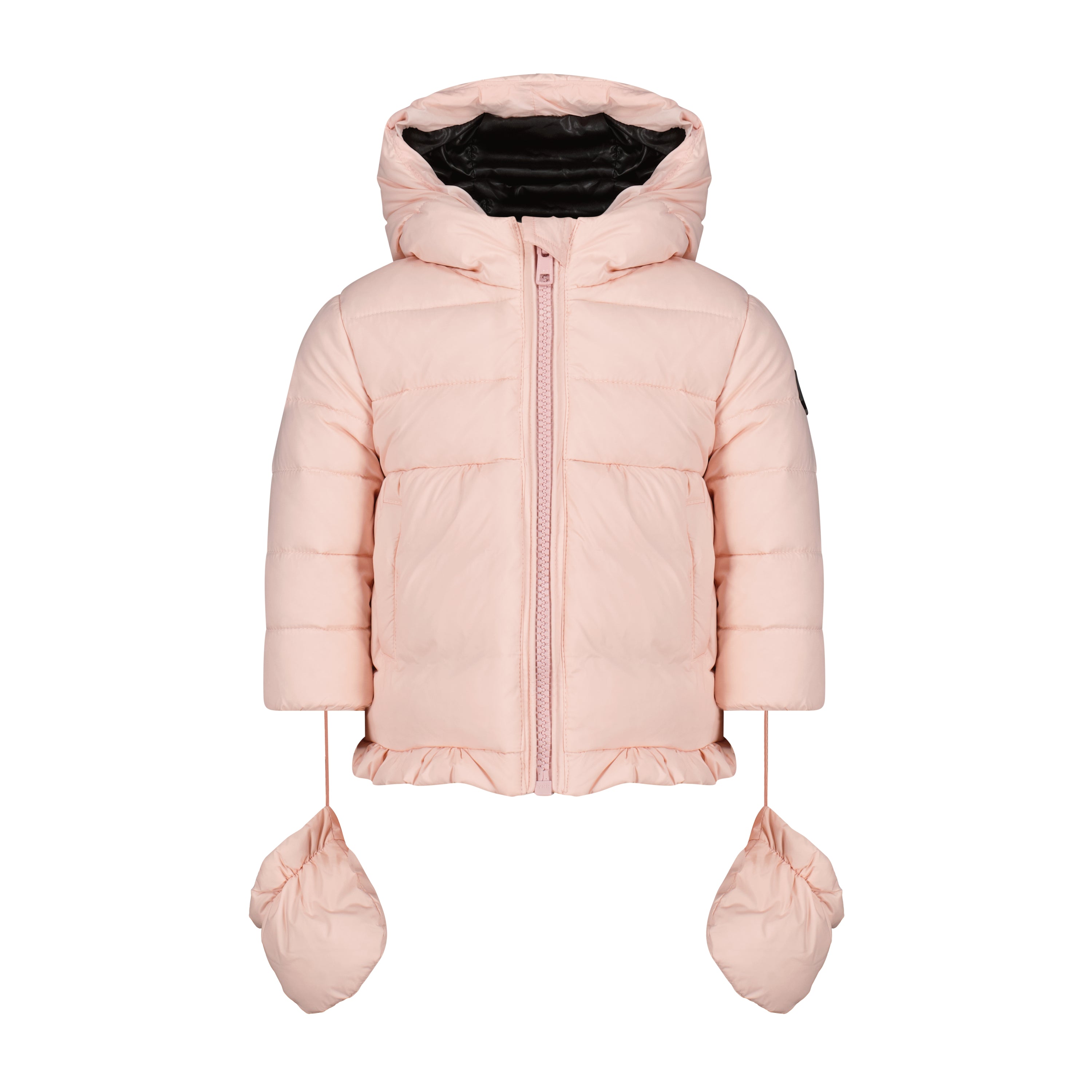 A charming pink peplum baby coat with a ruffled bottom, high collar, hood, and attached mittens, featuring a pink YKK zipper closure.