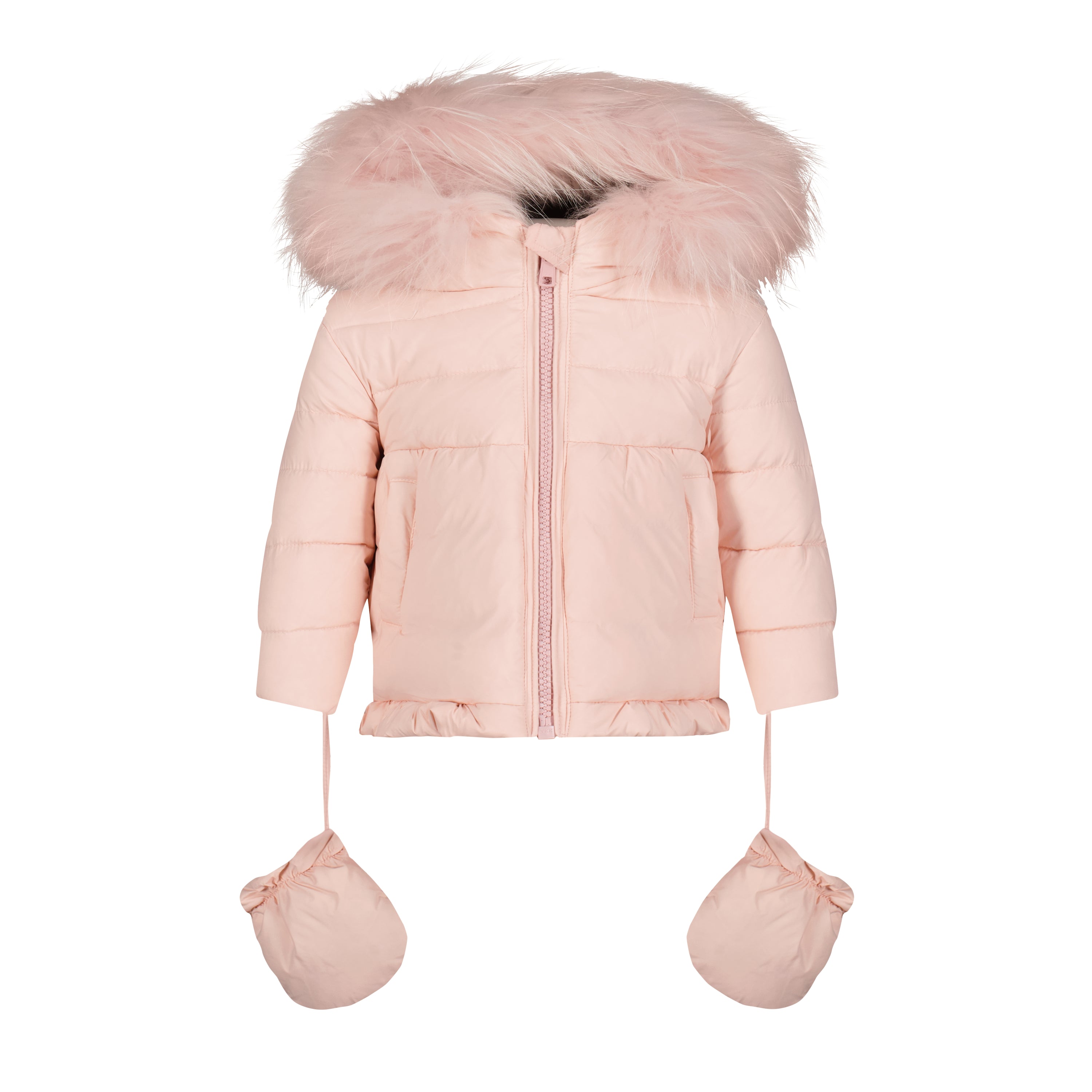 A stylish Pink Peplum Jacket for babies with plush fur trim, high collar, and attached mittens, perfect for winter wear.