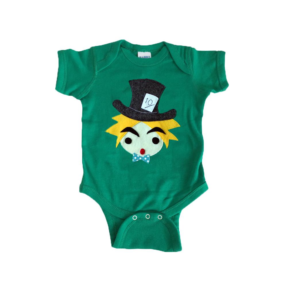 Infant bodysuit featuring The Hatter design from Alice's Adventures in Wonderland, handmade with felt appliqués.