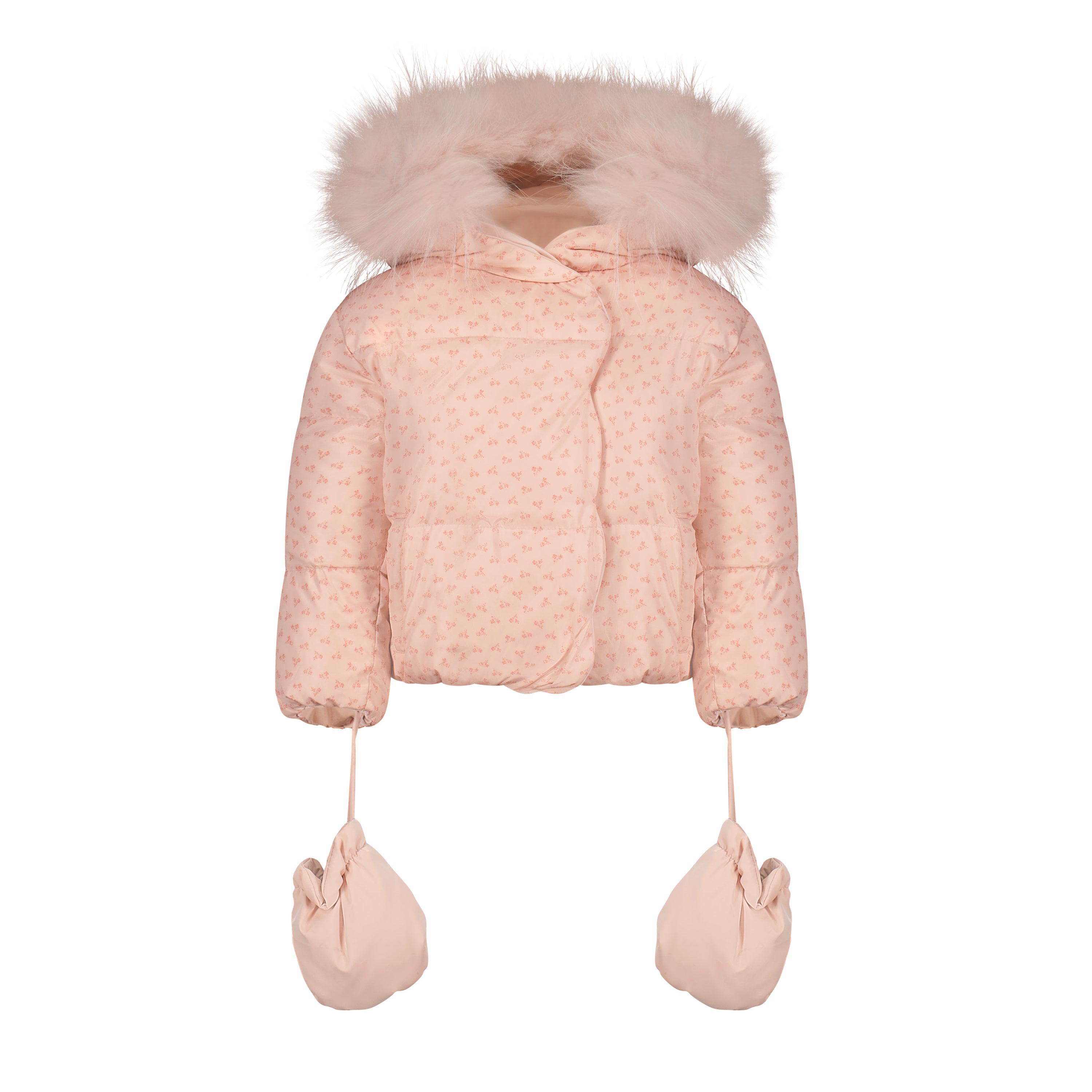 A luxurious pink baby coat with a petal design, featuring a high collar, raccoon fur hood, and attached mittens, perfect for keeping your baby warm.