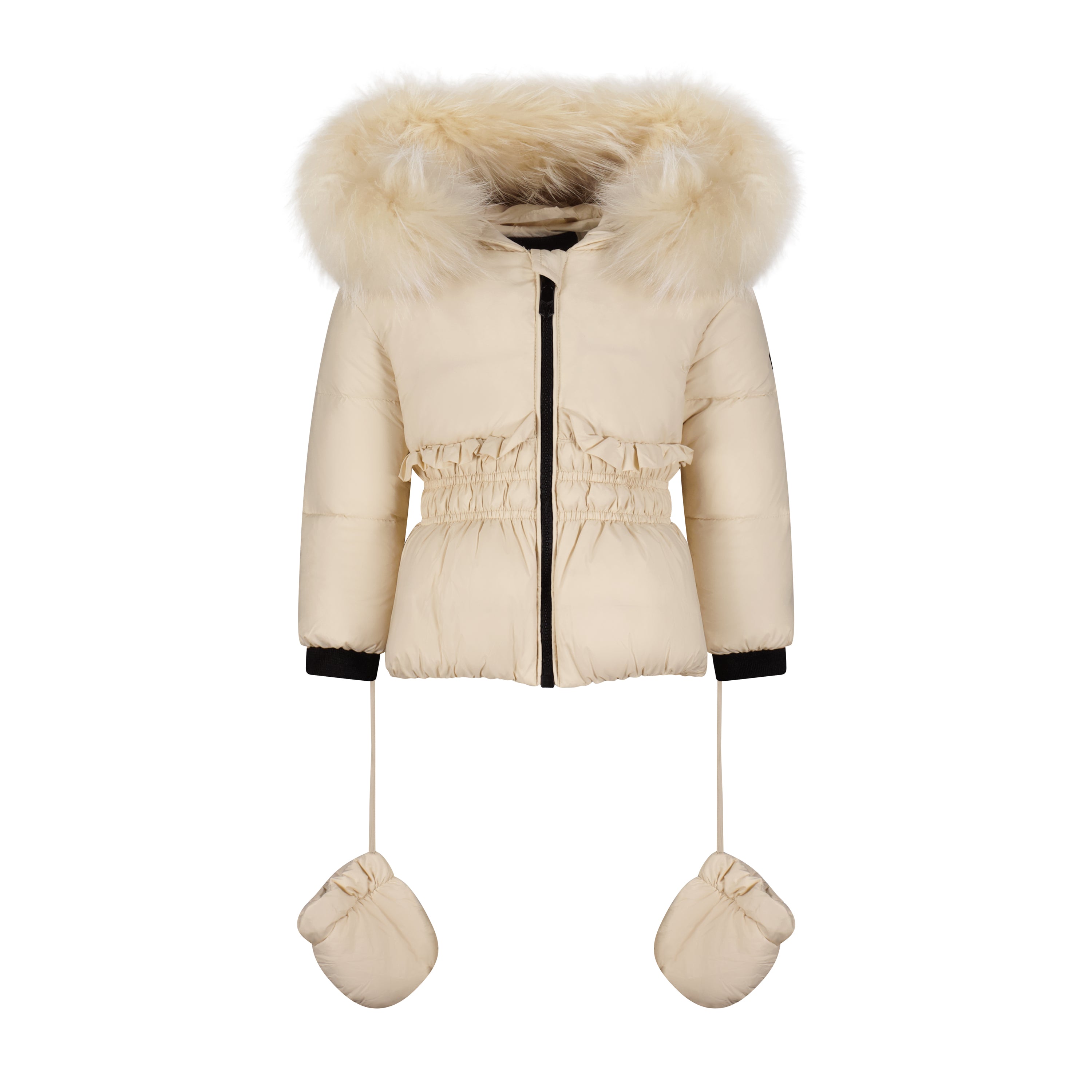 A cute child wearing The Mini Meerkat coat, showcasing its adorable design and soft fabric.