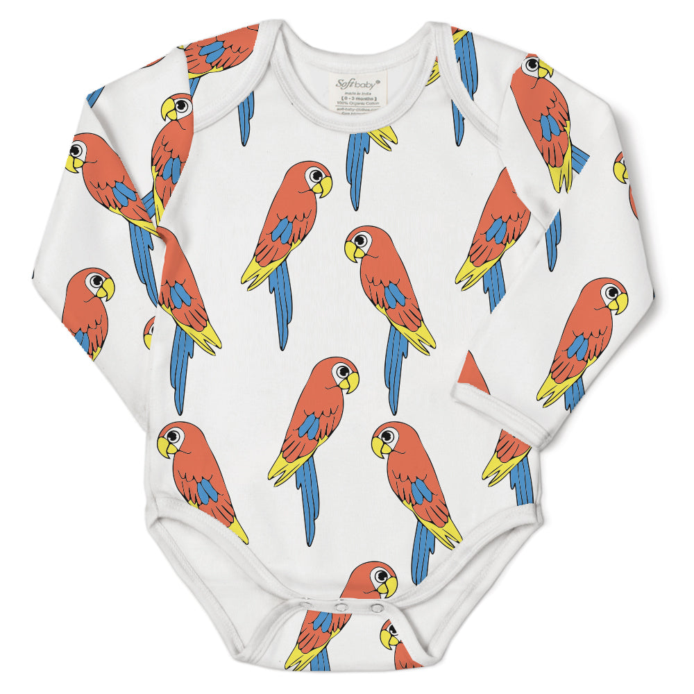 The Parrot L/S Onesie made from 100% organic cotton, featuring a vibrant print and nickel-free fasteners, designed for comfort and safety.