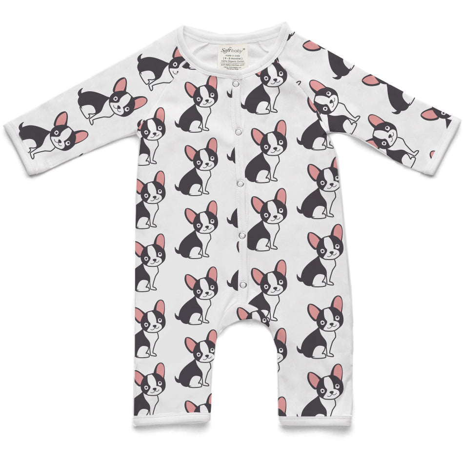 The Pug and the Hug Long Romper made from 100% organic cotton, featuring long sleeves, crew neck, and front snap closures in a vibrant design.