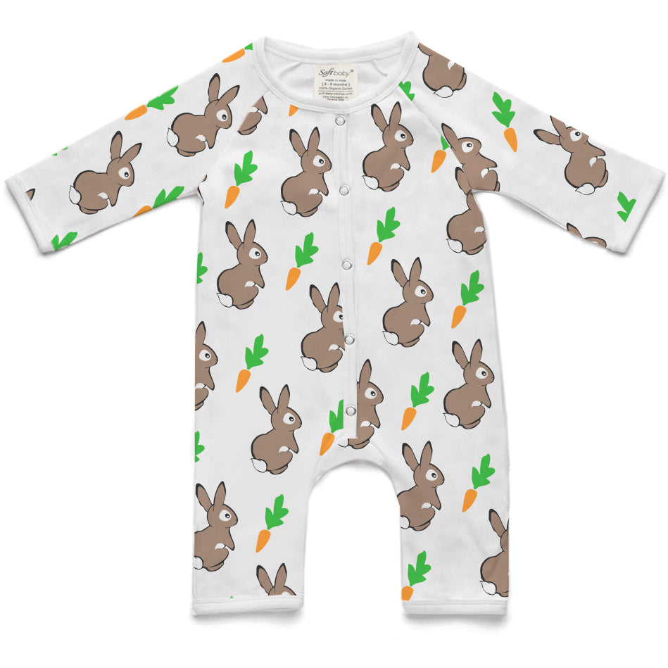 The Rabbit after the Carrot Long Romper in vibrant colors, made from 100% organic cotton, featuring long sleeves and front snap closures.