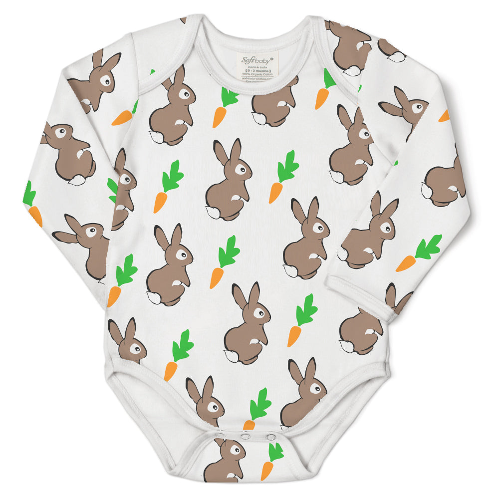 A soft and colorful Rabbit after the Carrot long sleeve onesie made from 100% organic cotton, featuring a playful rabbit design and nickel-free fasteners.