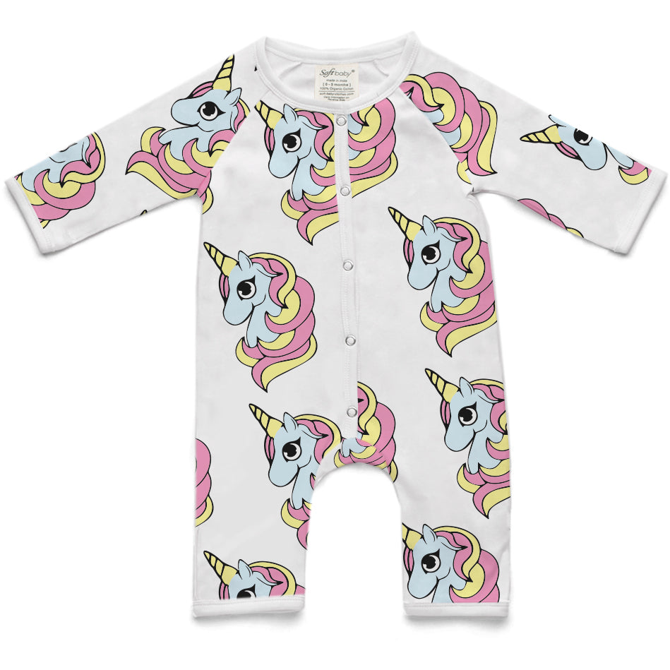 A long romper featuring a whimsical unicorn design, made from 100% organic cotton, perfect for children.
