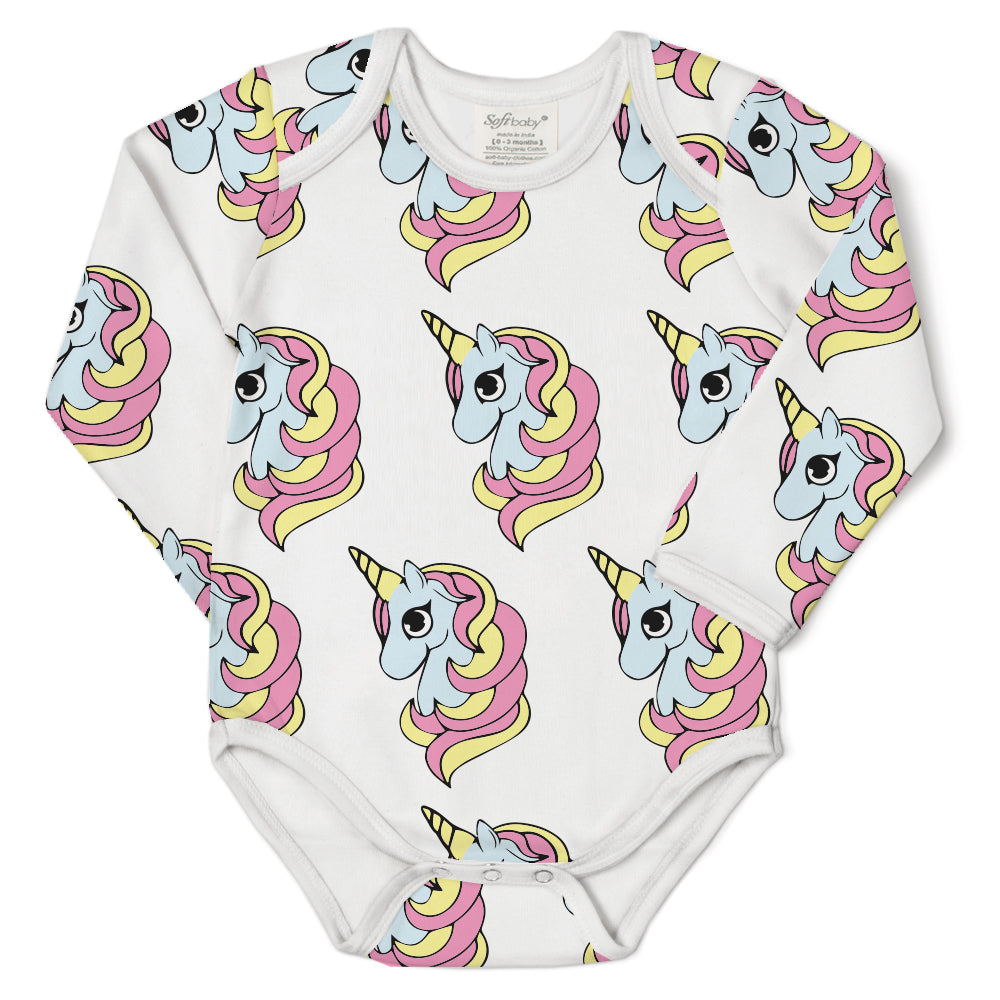 A soft, organic cotton onesie featuring a whimsical unicorn design, perfect for babies.