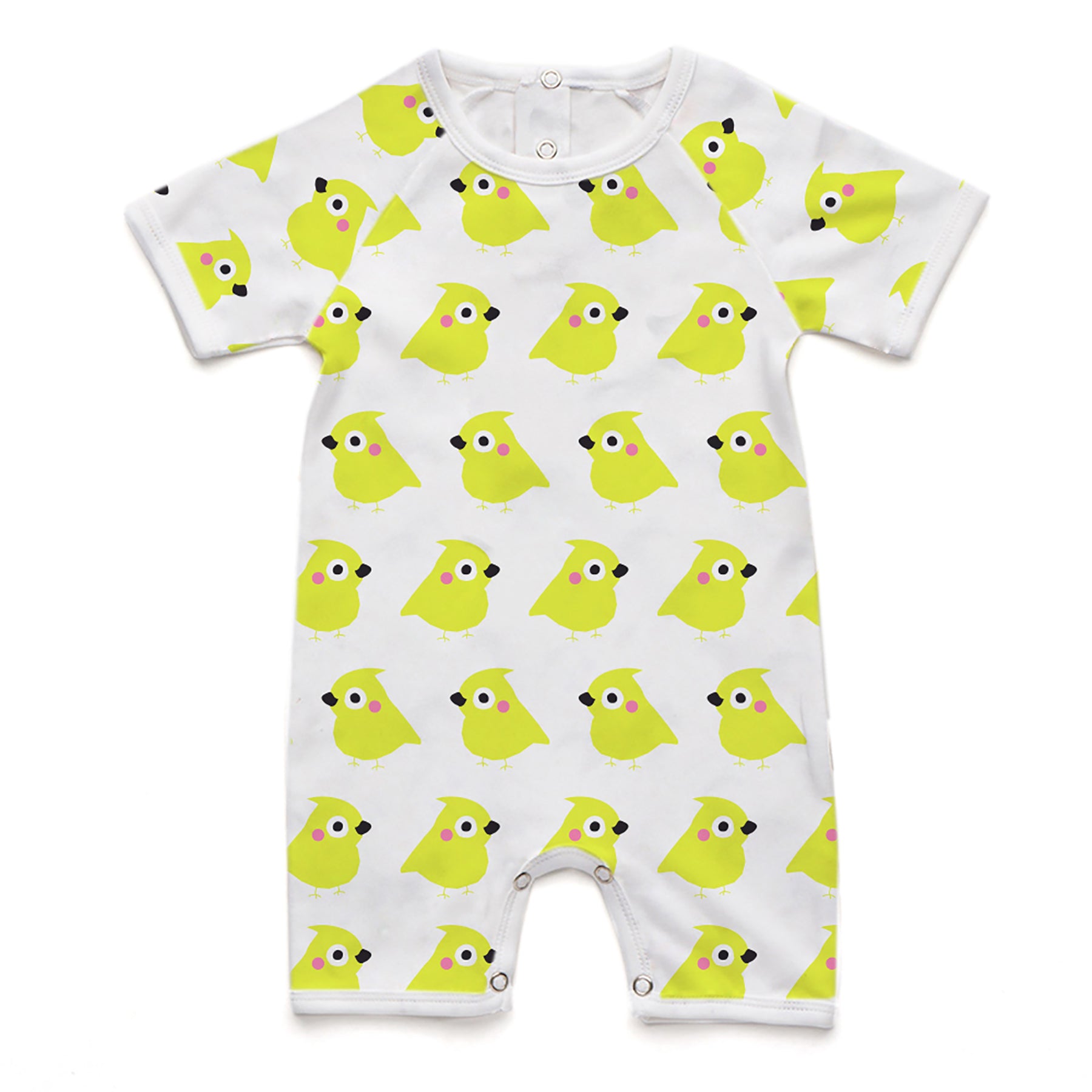 The Yellow Chick Short Romper made from 100% organic cotton, featuring a vibrant design, short sleeves, and bottom snap closures.