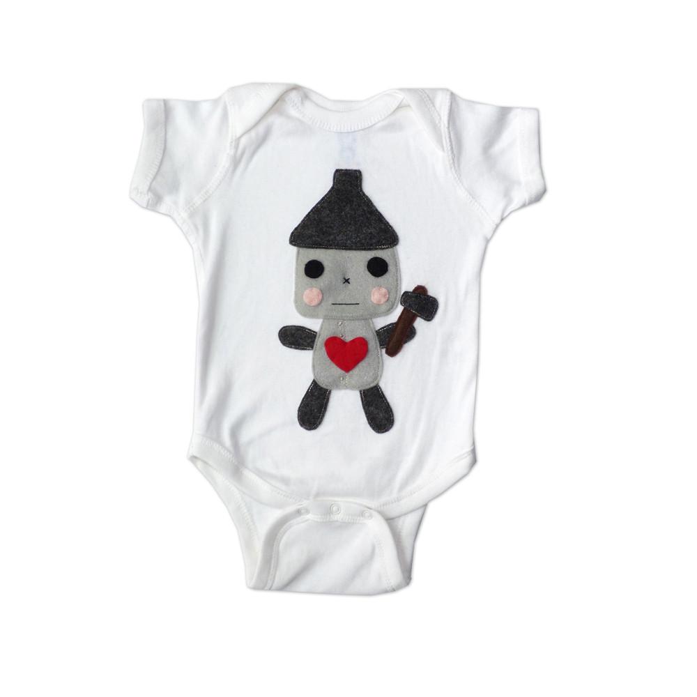 Adorable Tin Man baby onesie featuring eco felt appliqué design, perfect for little Wizard of Oz fans.