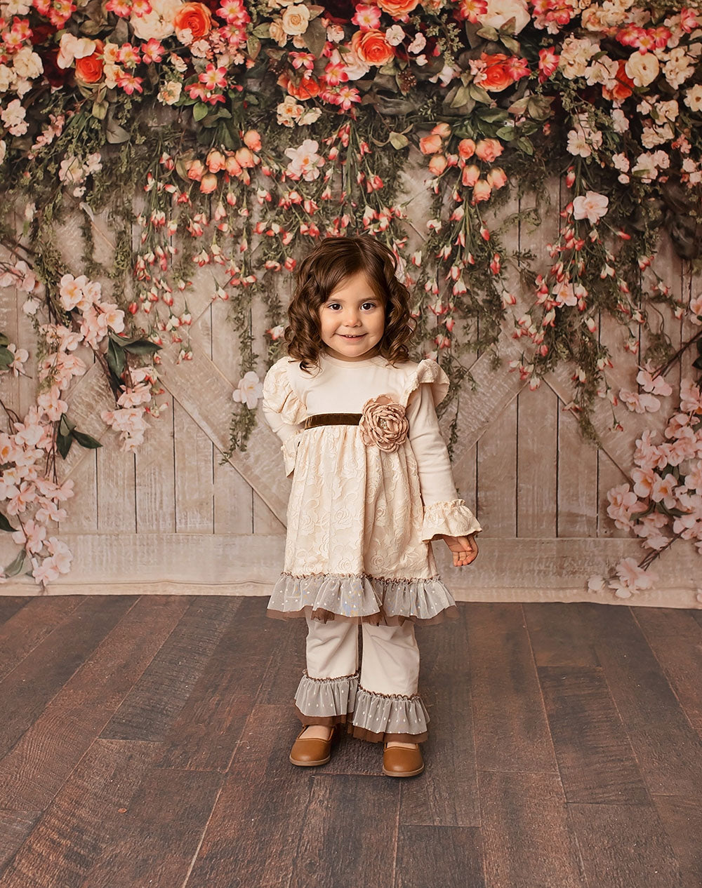 Vanilla Sugar Swing Set featuring cream fabric and lace ruffles, perfect for little girls.