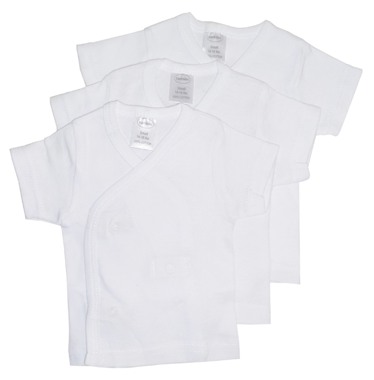 Three white short sleeve side-snap shirts for babies, showcasing soft cotton fabric and mitten cuffs.