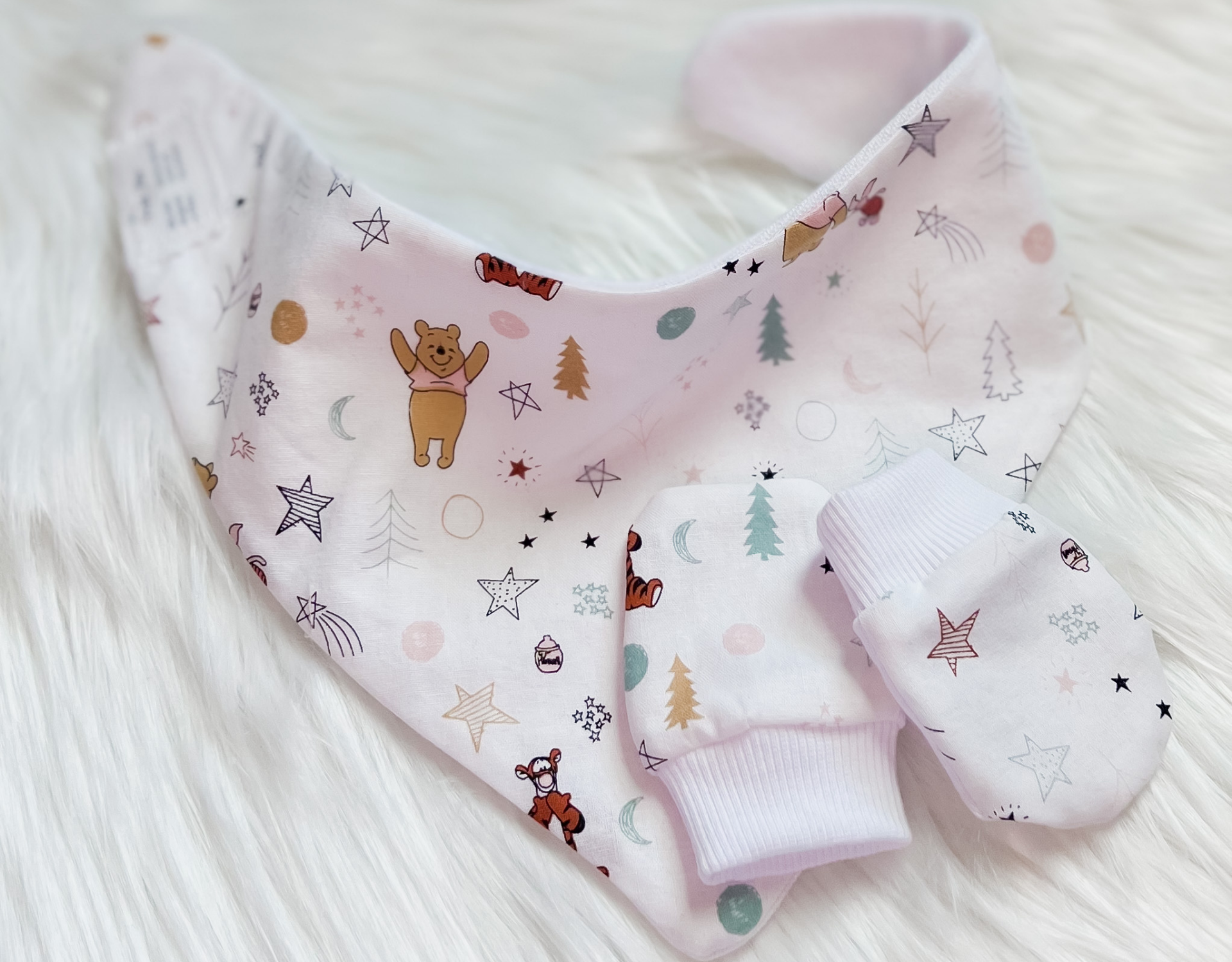 Winnie the Pooh Bear Bandana Bib and No Scratch Hand Mittens set for babies, featuring a cute design and adjustable snaps.