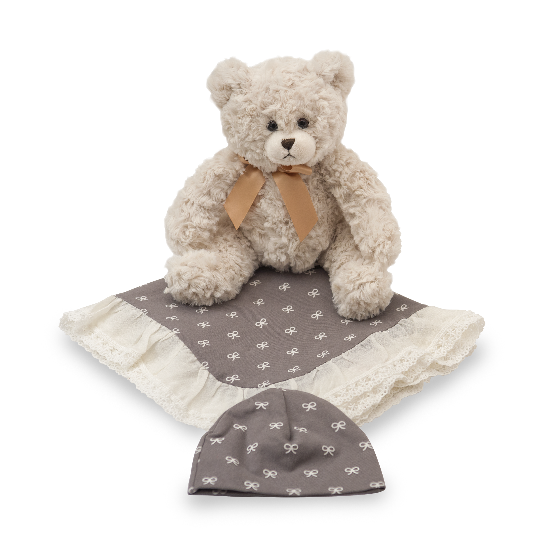 Winter Pearl Blanket Gift Set featuring soft grey blanket, matching cap, delicate lace, and a cute plush toy.