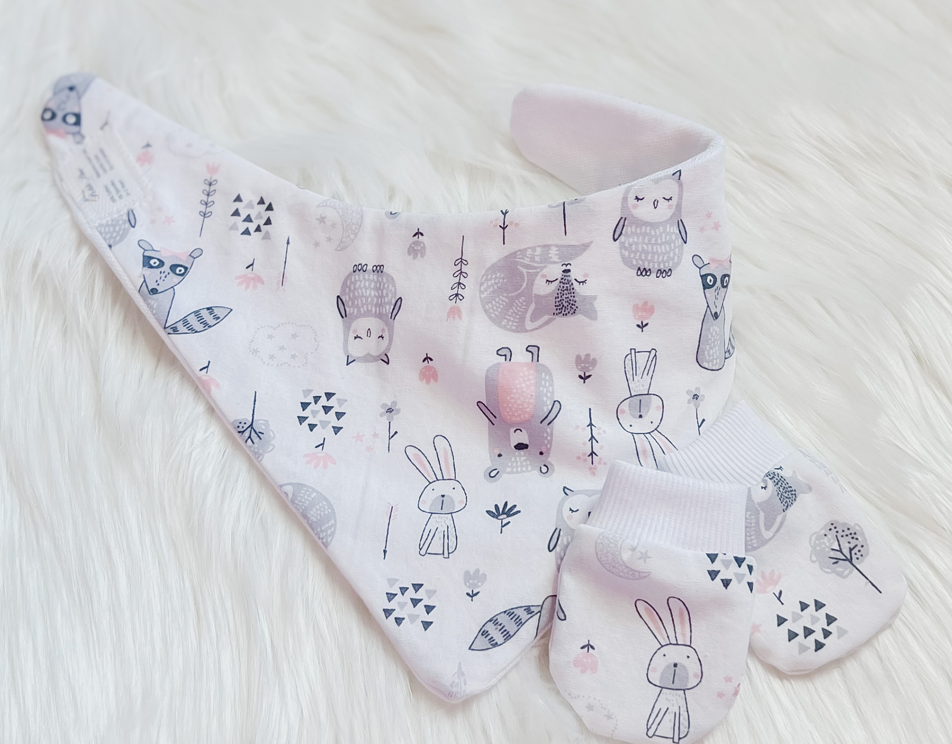 Woodland Creatures Bandana Bib and No Scratch Hand Mittens set featuring adorable animal designs, perfect for babies aged 3-24 months.