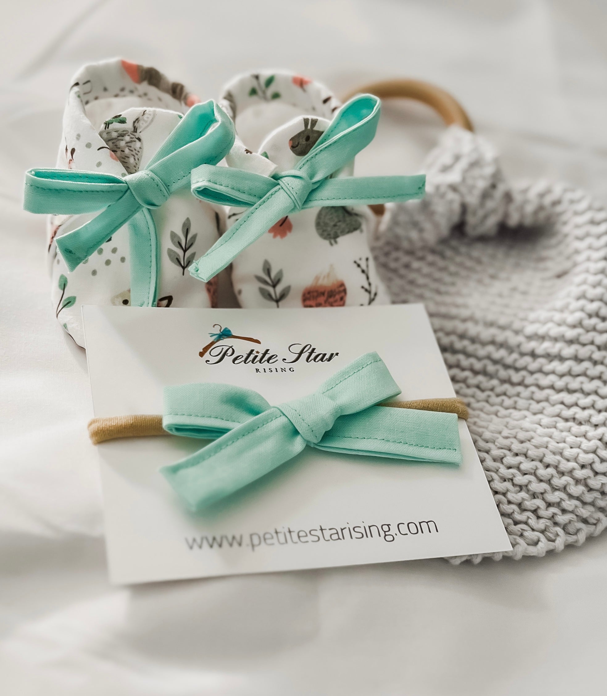 Woodland Creatures Shoe, Bow and Knit Lovey Set featuring adorable designs and soft materials for babies.