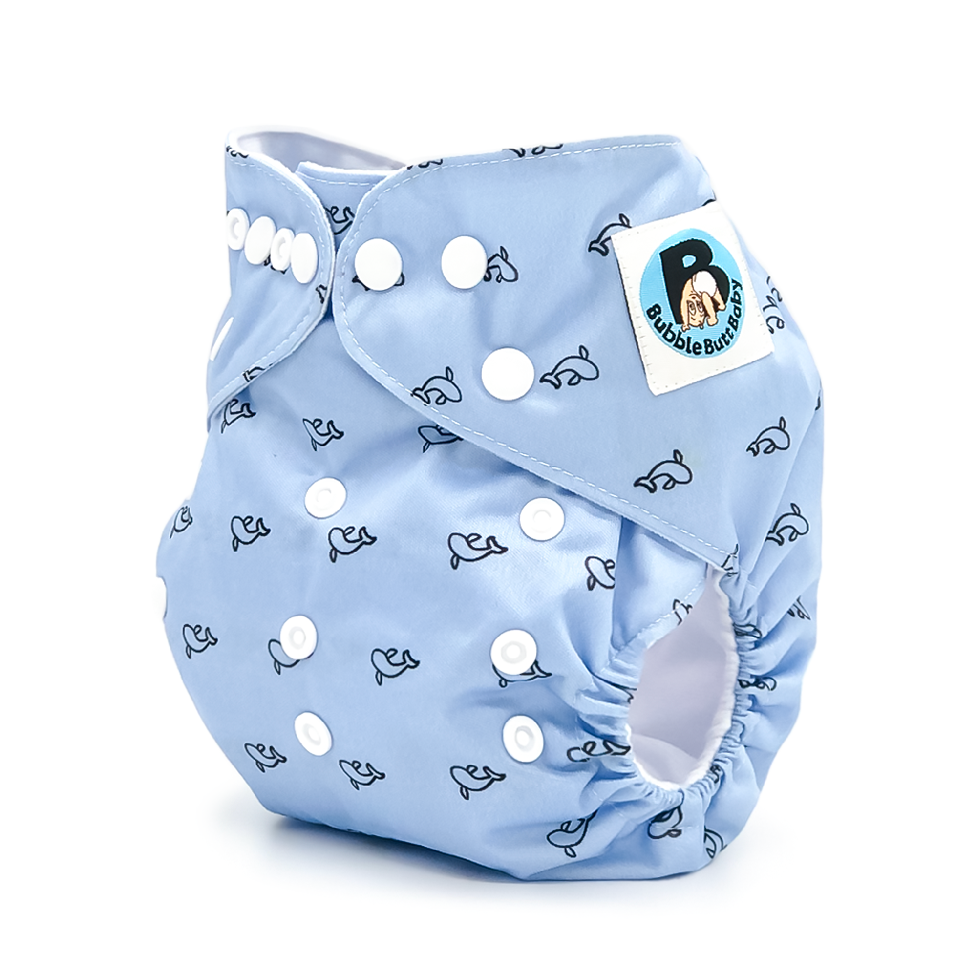 Cetacea Cloth Diaper featuring a sky blue whale print, designed with a waterproof outer layer and a soft microsuede inner layer for comfort.