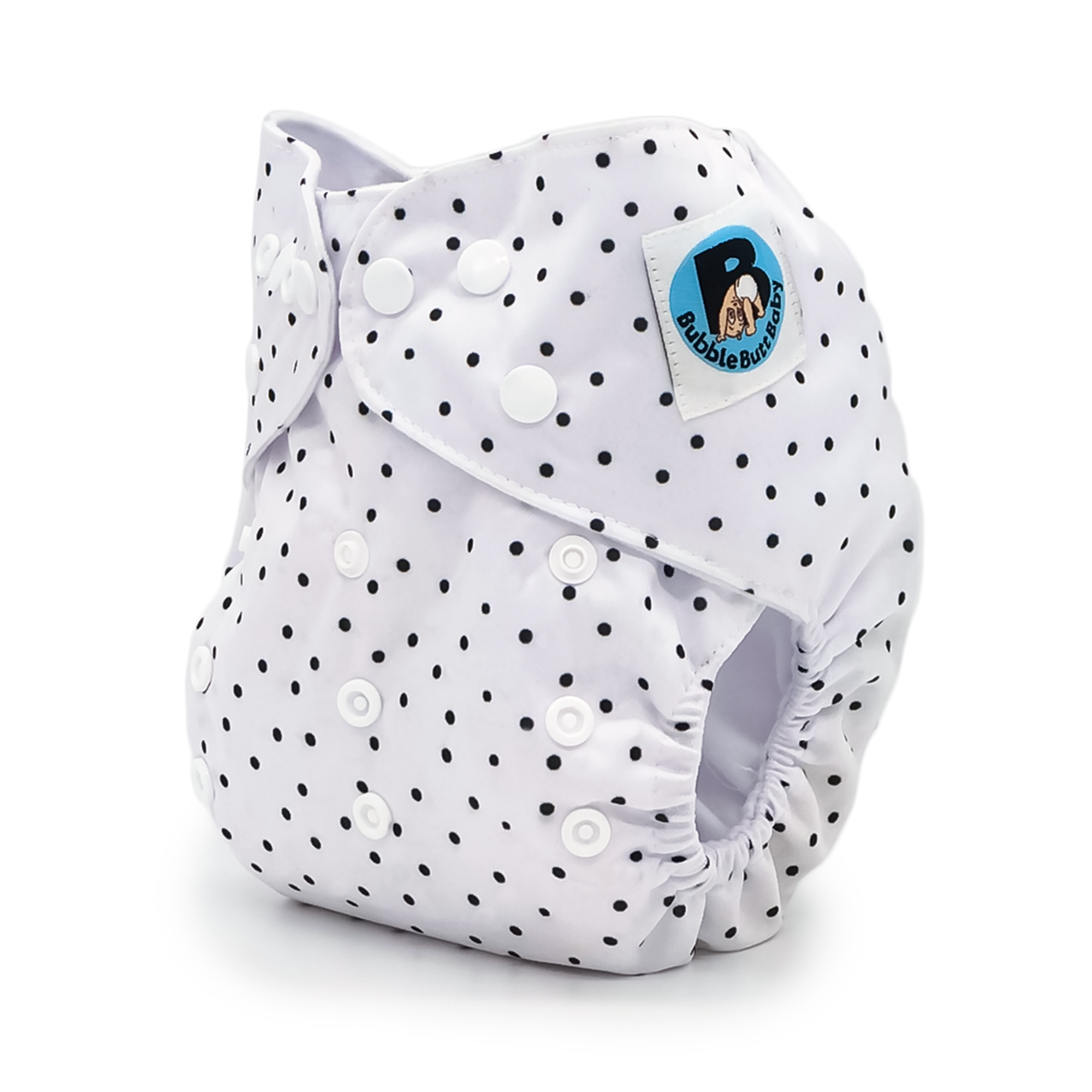 Tiger Lily cloth diaper featuring a modern black and white polka dot design, with a soft microsuede inner layer and a waterproof outer layer.