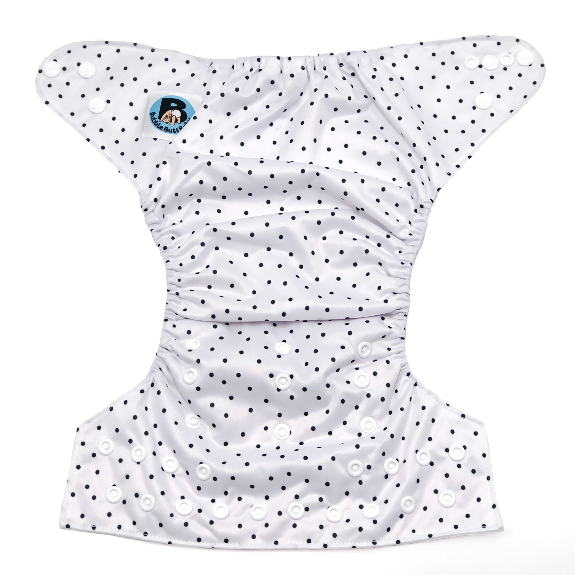 Tiger Lily cloth diaper featuring a modern black and white polka dot design, with a soft microsuede inner layer and a waterproof outer layer.