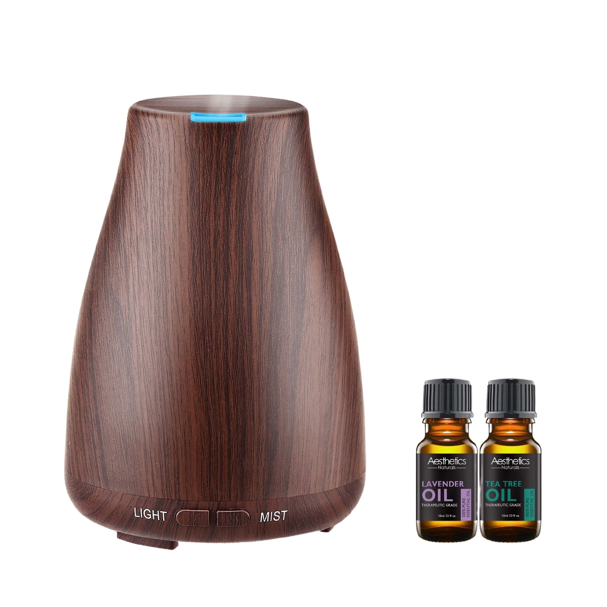Aesthetics Ultrasonic Wood-Finish Aroma Diffuser with essential oils, showcasing its elegant design and color-changing features.