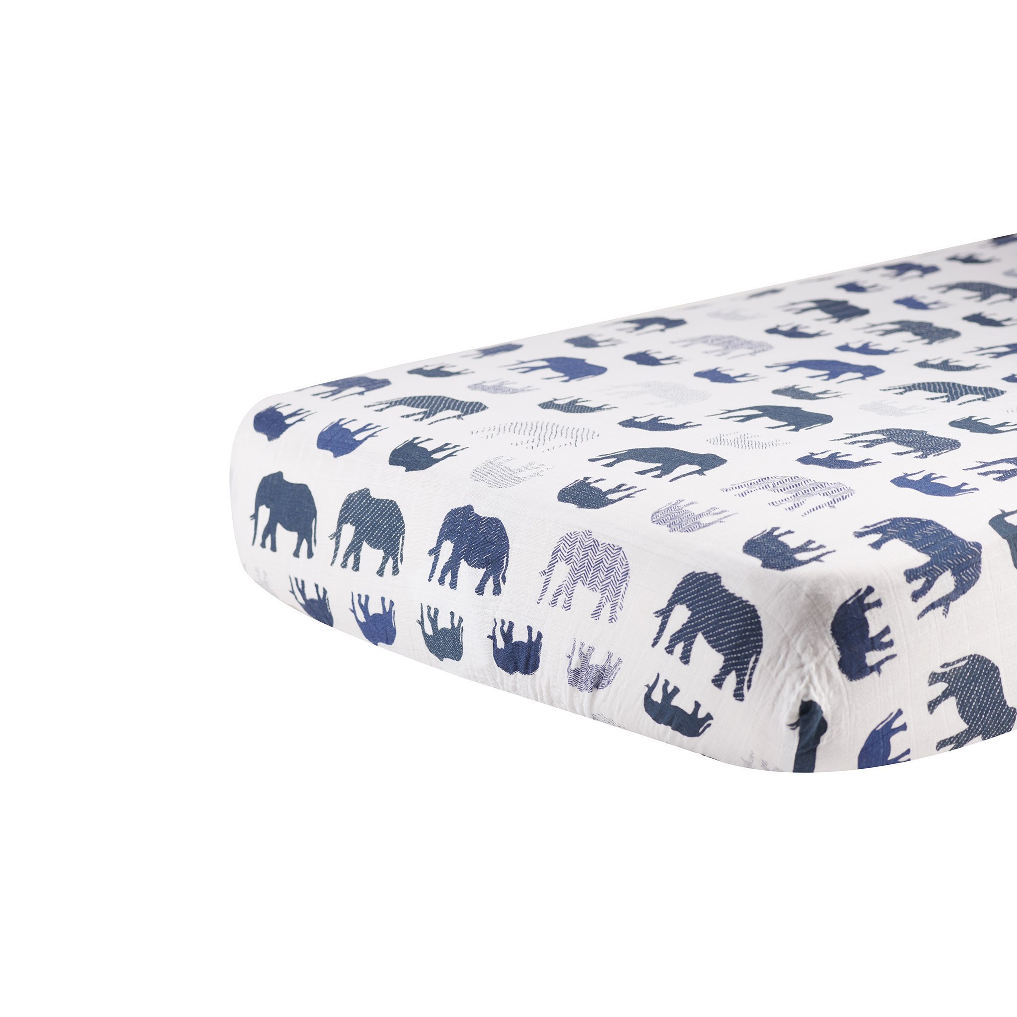 Blue Elephant Cotton Muslin Crib Sheet featuring soft, breathable fabric with a charming elephant design, perfect for standard crib mattresses.