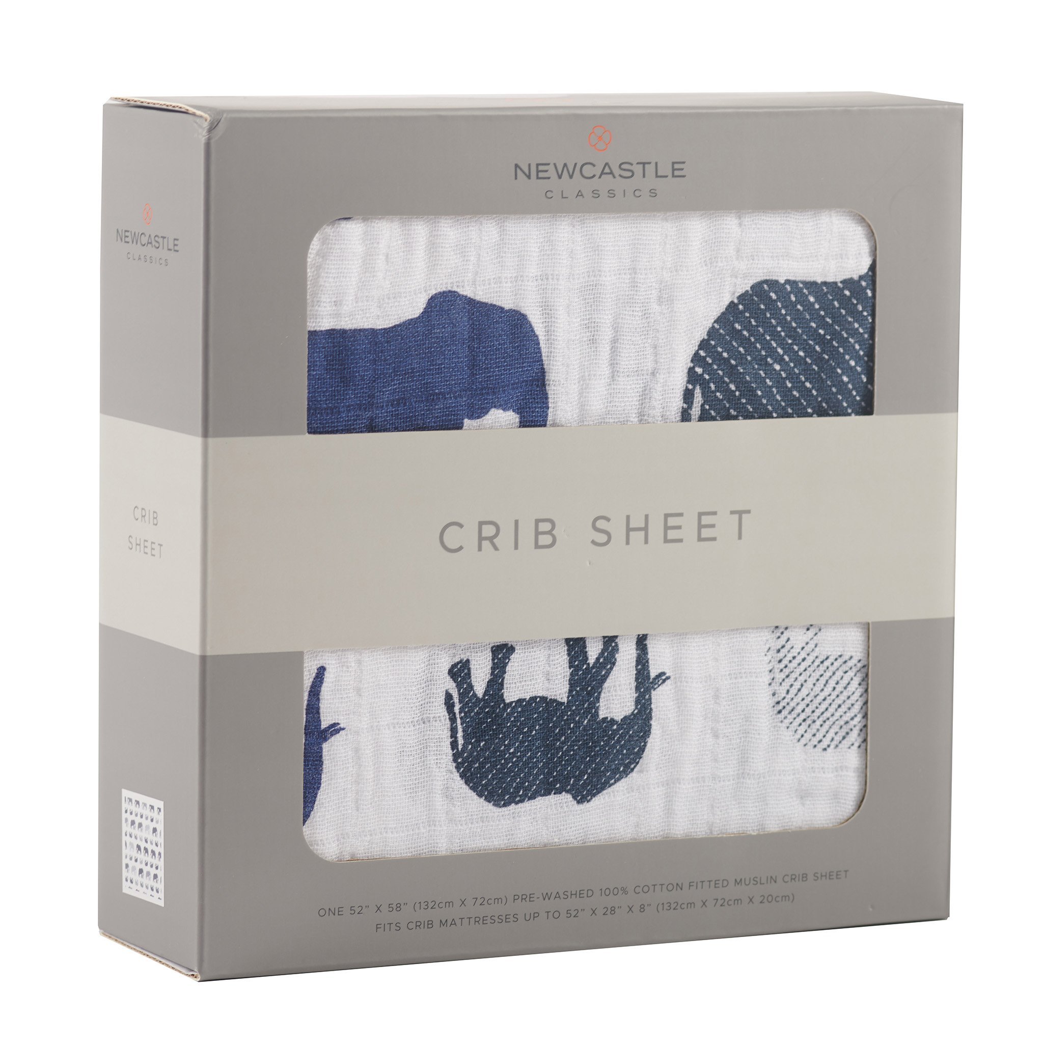 Blue Elephant Cotton Muslin Crib Sheet featuring soft, breathable fabric with a charming elephant design, perfect for standard crib mattresses.