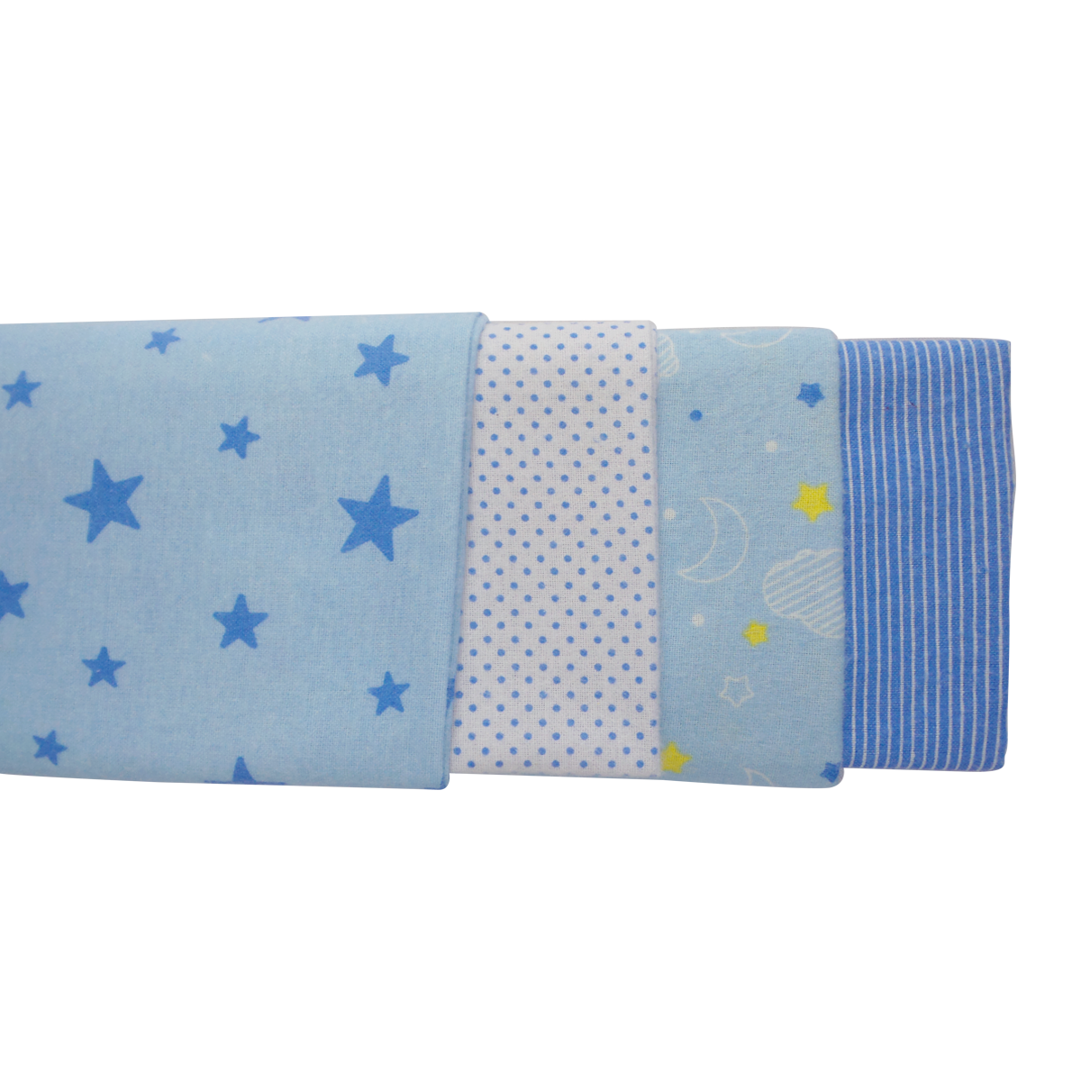 A set of four blue assorted print receiving blankets made from soft 100% cotton flannel, ideal for babies.