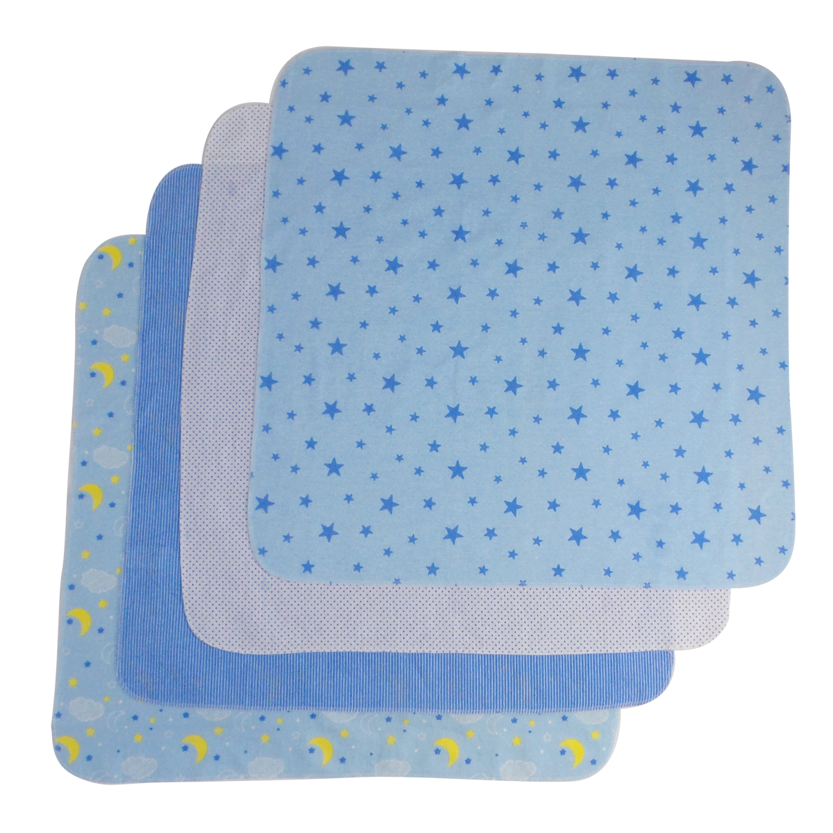 A set of four blue assorted print receiving blankets made from soft 100% cotton flannel, ideal for babies.